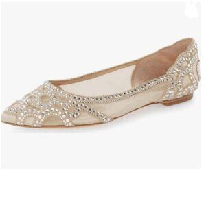 XYD Tan Elegant Pointed Toe Rhinestone Flats Mesh Slip-on Crystals Wedding Shoes